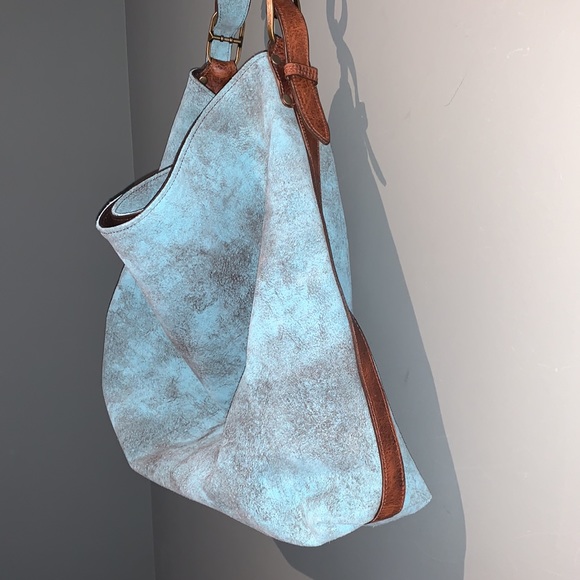 Juan Antonio Adobe Turquoise Blue Brown Leather Nubuck Weekend Boho Western Tote - Picture 12 of 16